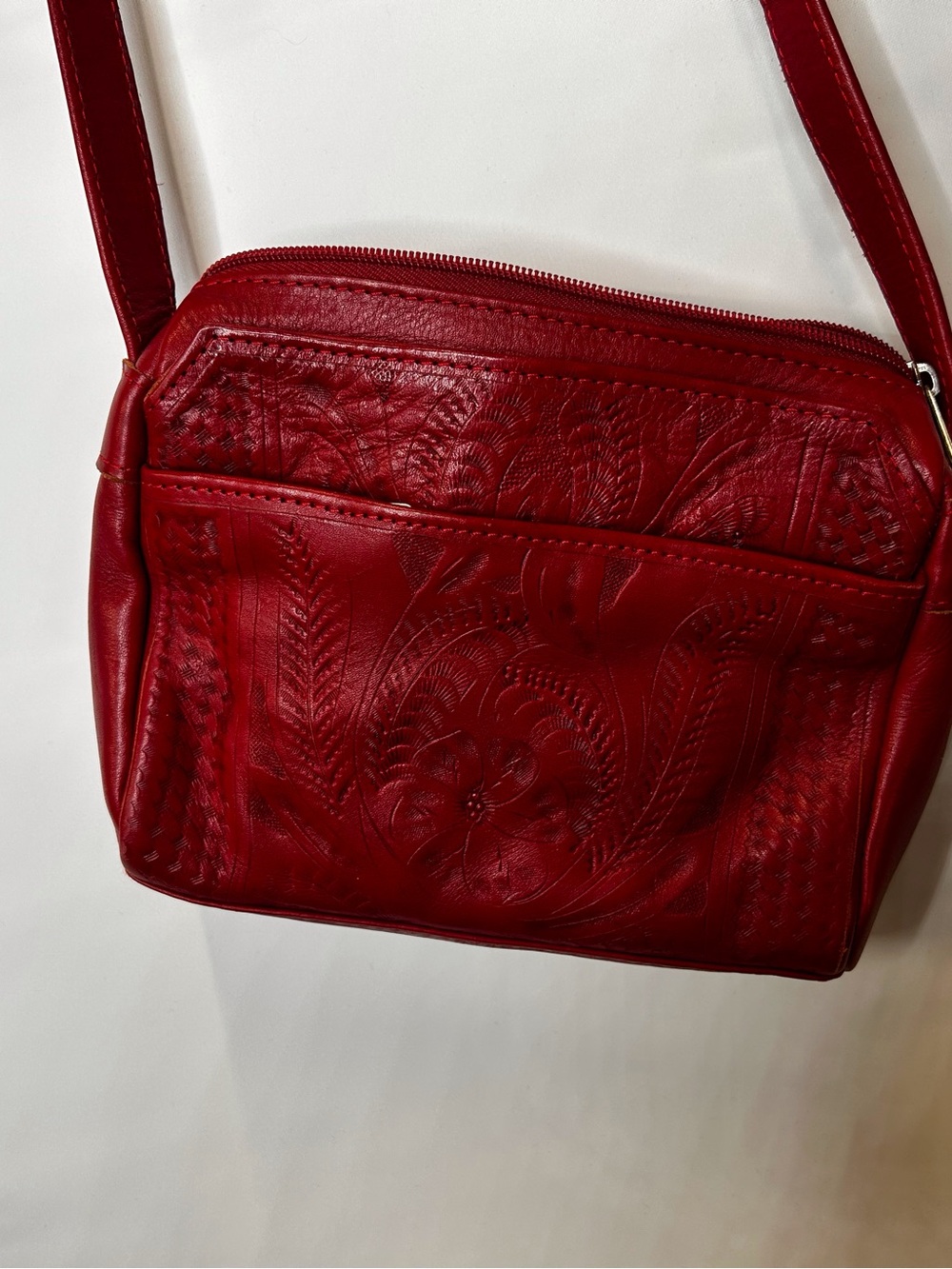 Embossed Floral Red Leather Crossbody Bag and Wallet